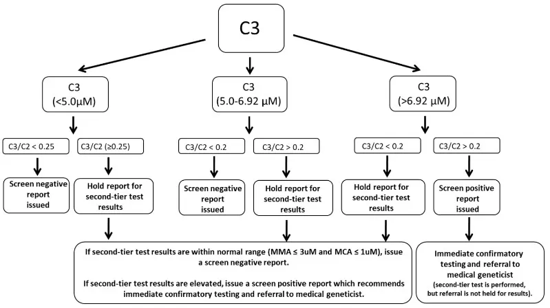 Flowchart of the Wisconsin newborn screening algorithm for elevated propionylcarnitine (C3), showing C3 and C3/C2 decision thresholds, actions (screen negative, hold for second-tier MMA/MCA), and referral for confirmatory testing/genetics.